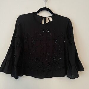 H&M Floral Beaded Embellished Top Black Size 8 Sheer Whimsigoth Event Classic